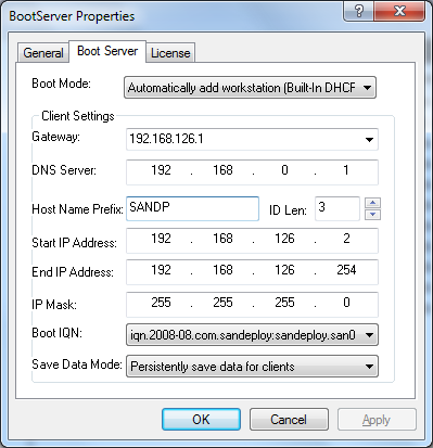 SANDeploy Boot Server Settings