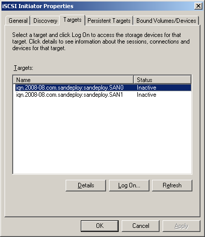 SANDeploy iSCSI SAN iSCSI Boot Target Log on with MS Initiator 4